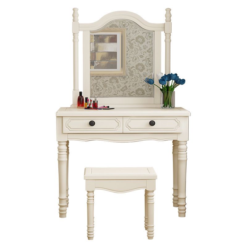 Traditional 2-Drawer Wood Dressing Table with Mirror Makeup Vanity Stool