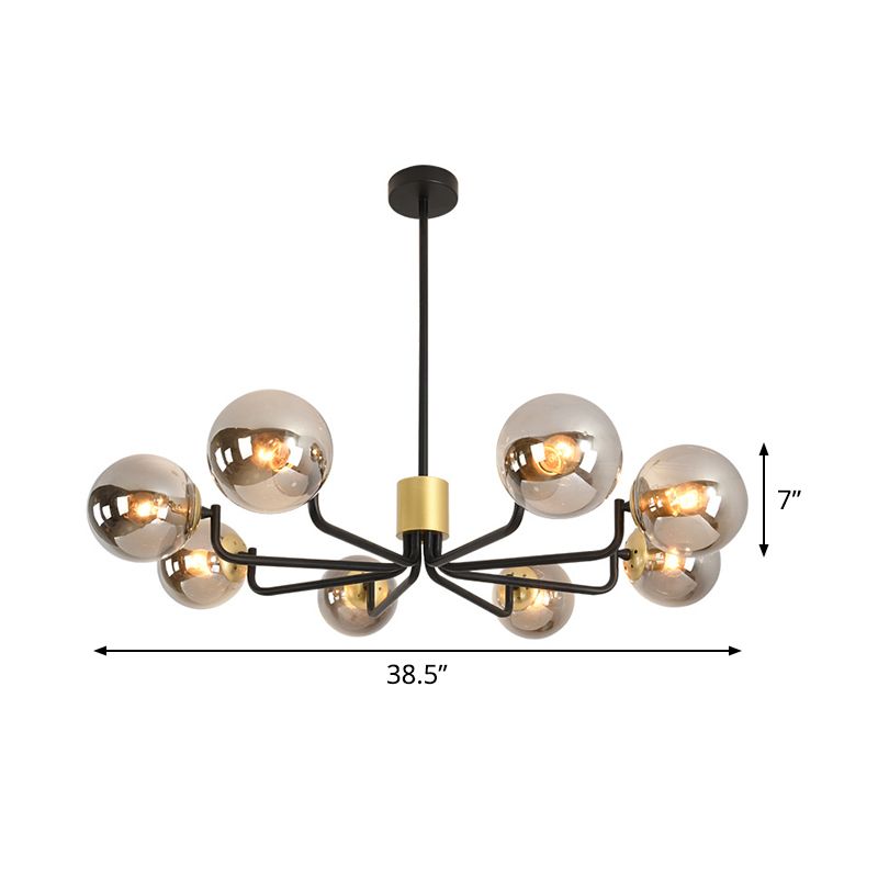 Grey Glass Spherical Suspension Light Post Modern 8-Head Brass and Black Chandelier with Radial Design