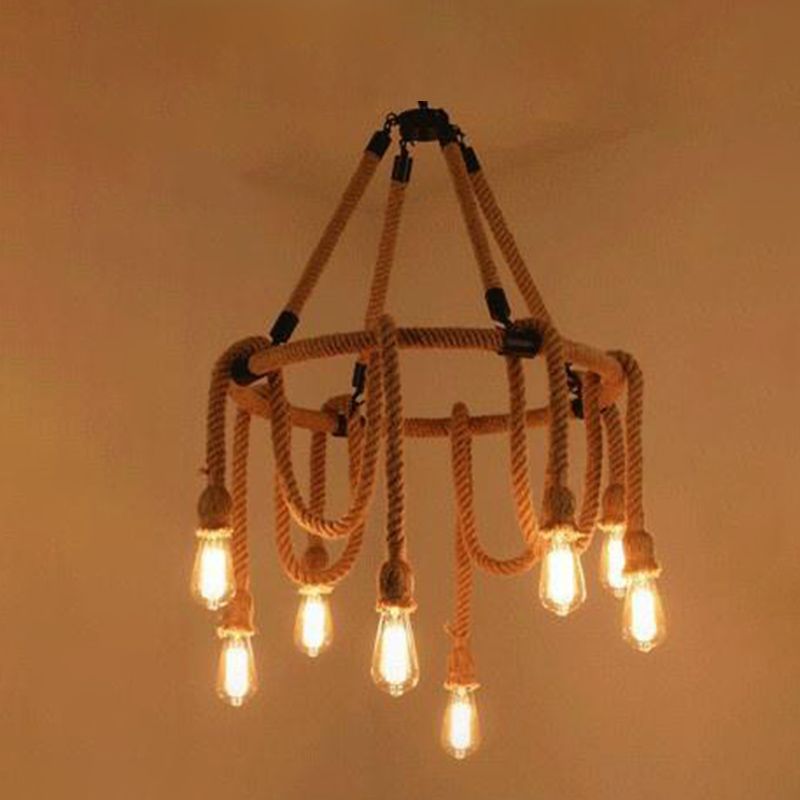 Industrial Style Hemp Rope Chandelier Multi-lights Vintage Open-bulb Design Lighting Fixture