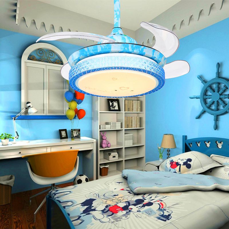 36" Width Blue Circular Fan Lighting Kids LED Acrylic Semi Flush Light Fixture for Children Bedroom, 4 Blades