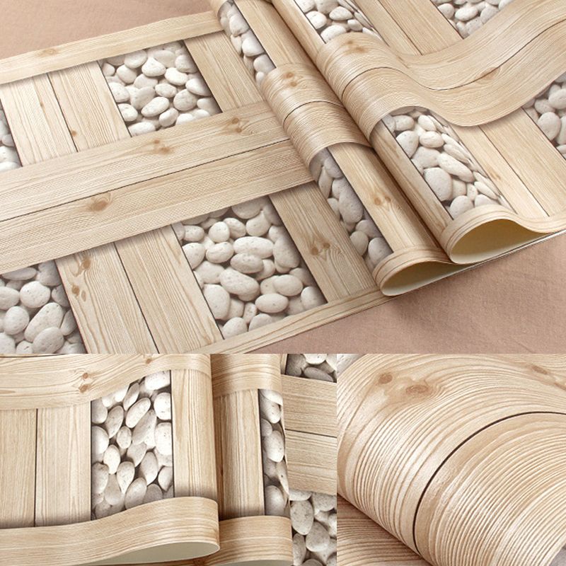 Vinyl Non-Pasted Wallpaper Steampunk Faux Pebble and Wood Wall Decor for Restaurant