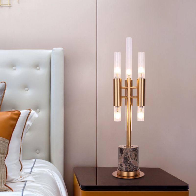 Fluted Glass Trident LED Table Light Mid-Century Hotel Nightstand Lamp with Cylinder Base in Gold