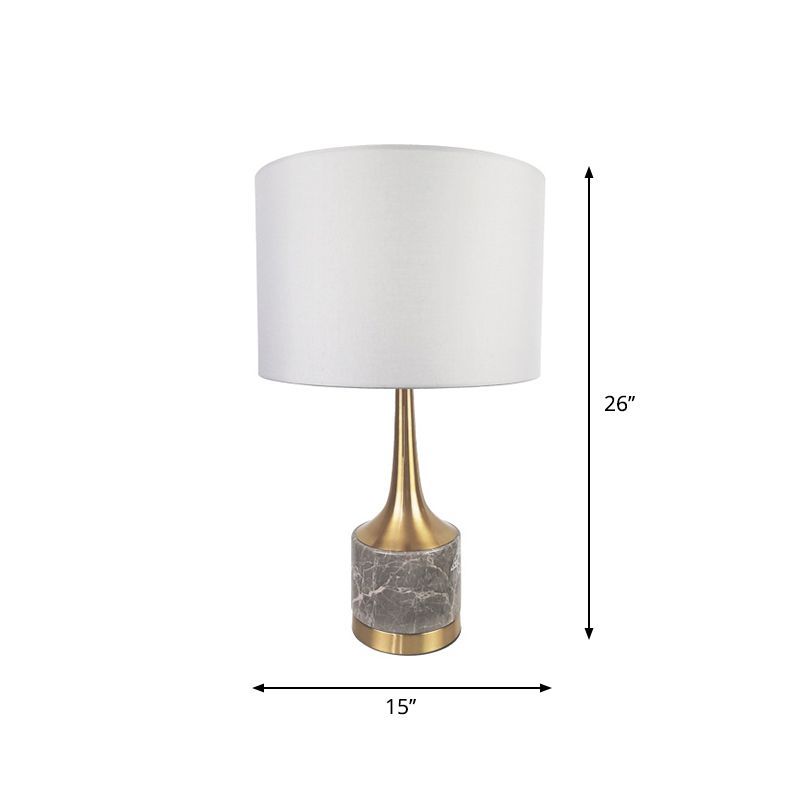 Antiqued Gold Flared Night Lamp Modern 1-Light Marble Table Light with Cylindrical Fabric Shade