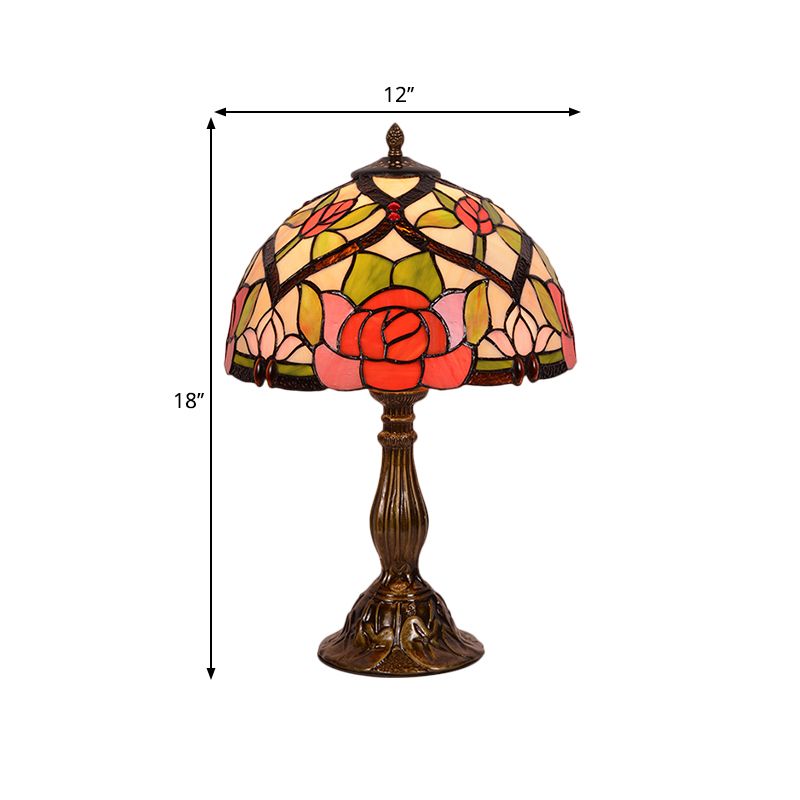 Bloom Night Lighting Victorian Stained Glass 1 Light Brass Finish Nightstand Lamp with Bowl Shade