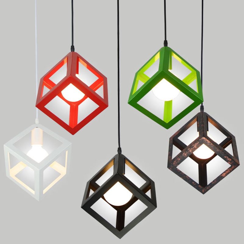 1 Light Square Cage Hanging Light Fixtures Creative Industrial Style Metallic Ceiling Light for Bar