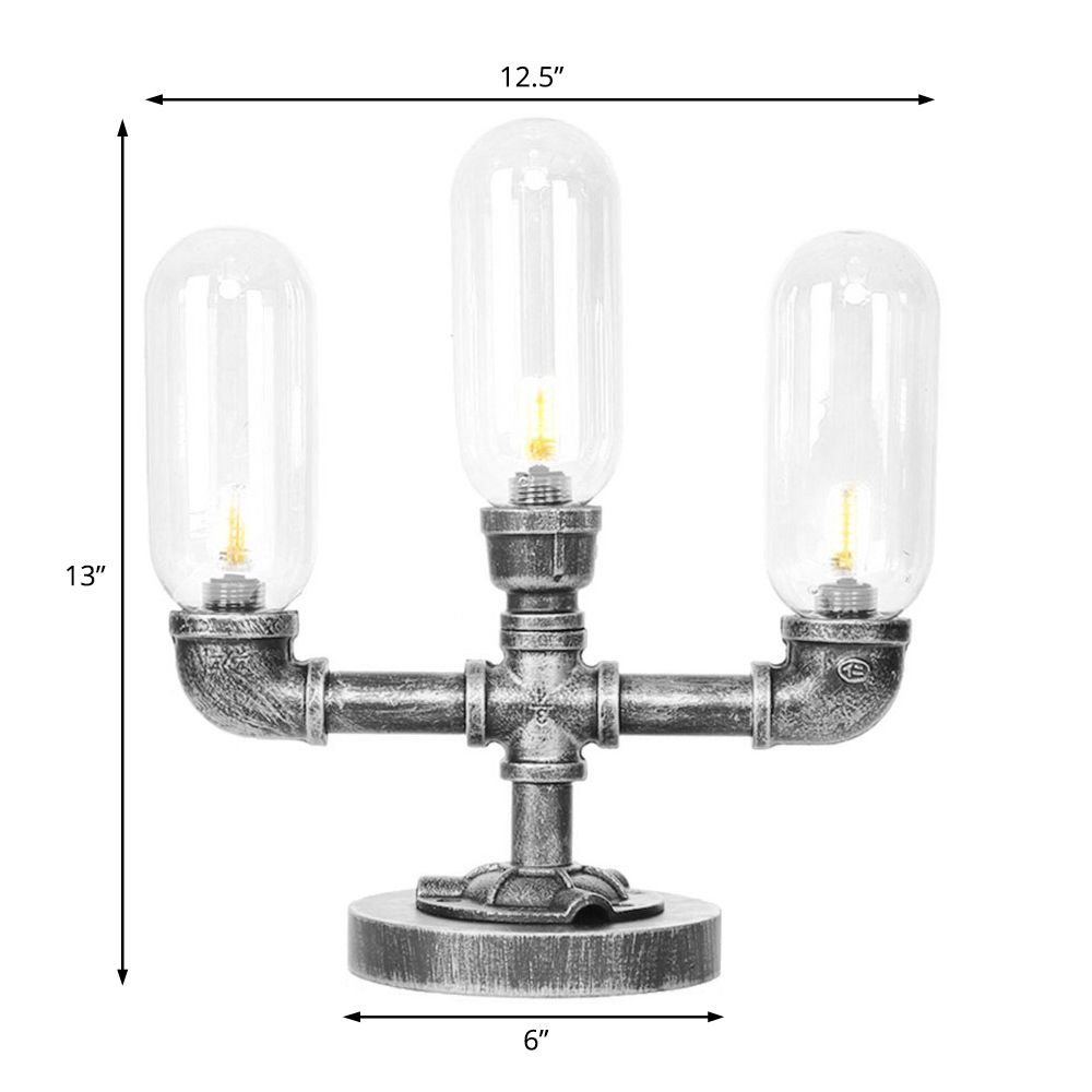 Capsule Clear/Amber Glass Night Light Farmhouse 2/3 Heads Tearoom LED Table Lamp with Pipe Base