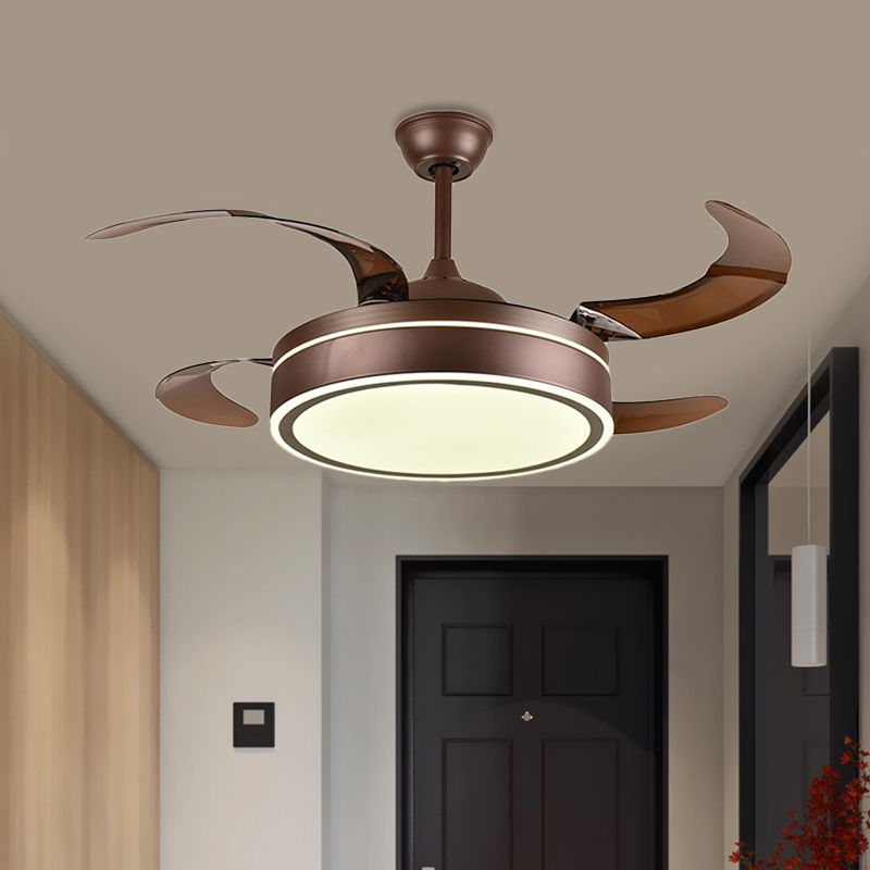 Coffee Ring Ceiling Fan Light Minimalism Acrylic LED Living Room Semi Mount Lighting with 4 Brown Blades, 42" Width