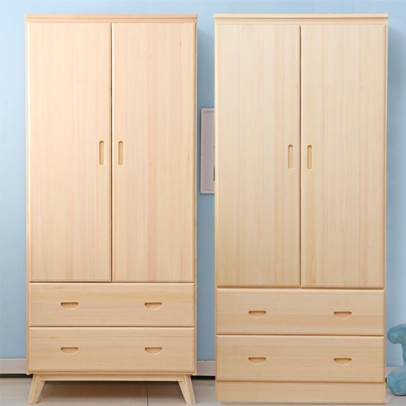 Light Brown Wooden Kid's Wardrobe 2-Drawer Glossy Kids Closet