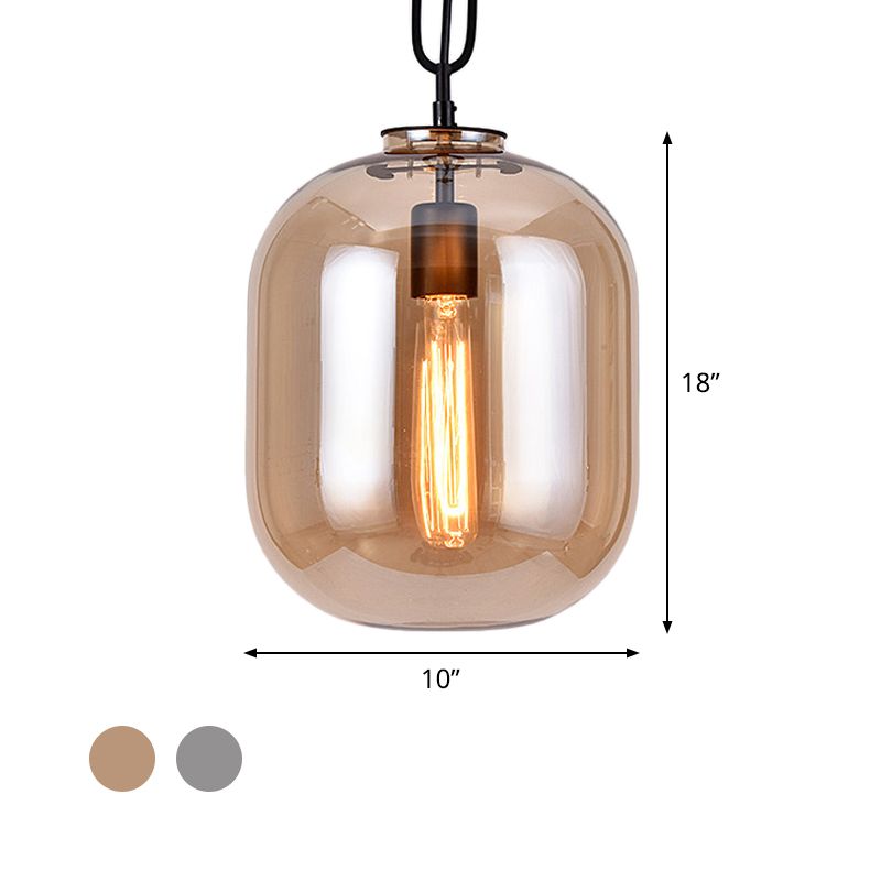 Industrial Oblong Ceiling Light 1 Head 10"/14" Wide Smoke Gray/Cognac Glass Suspension Pendant Lamp