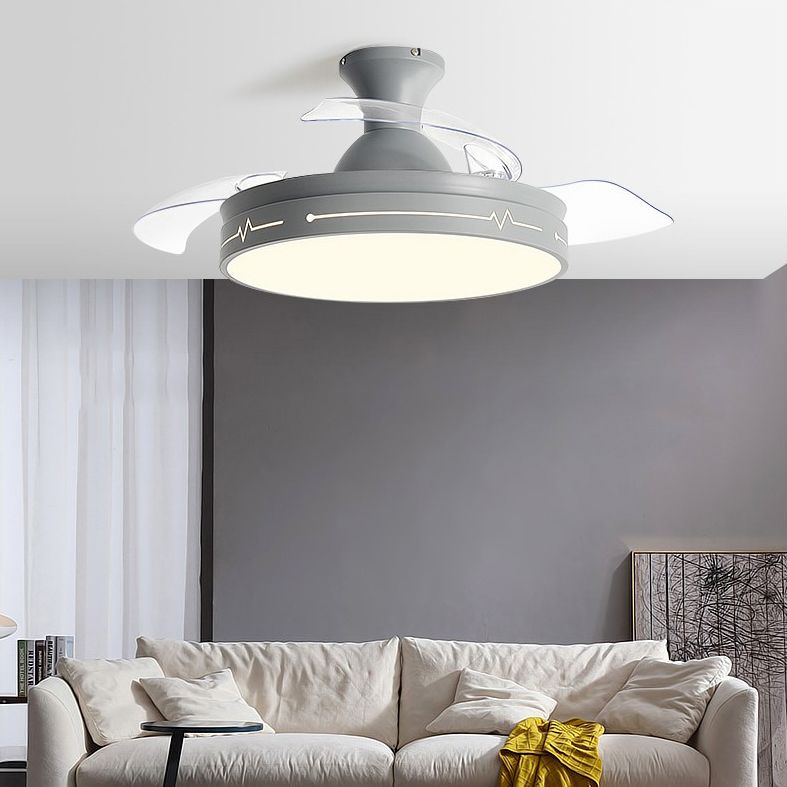 Nordic Drum Shaped Semi Flush Mount Fixture Acrylic Dining Room LED Ceiling Fan Light with Remote