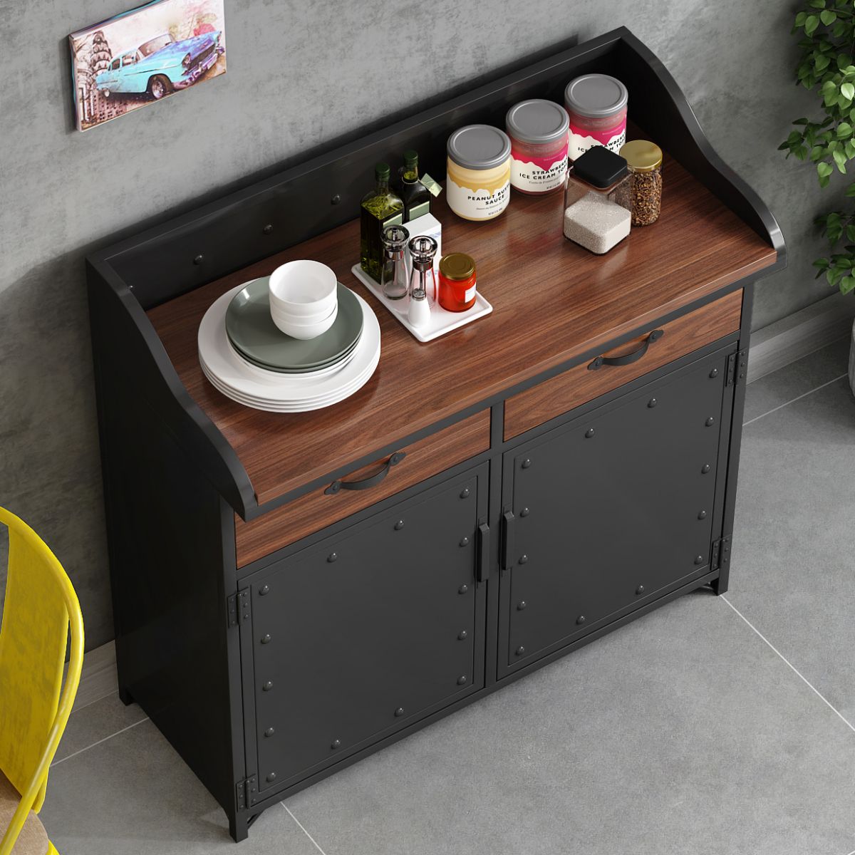 Pine Wood Dining Room Sideboard Cabinet Glam Credenza with Drawers and Storage