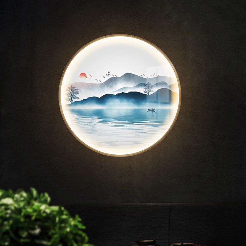 Goldene kreisförmige Berg- und See -Wandleuchte Chinese LED LED Metallic Wall Lighting Idee