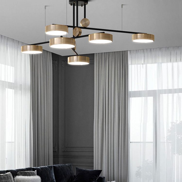 Gold Metal Pendant Light Mid-Century Modern Drum Shade Living Room Chandelier Lighting