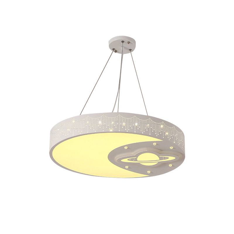 Metal Round Pendant Light with Moon and Planet Living Room Kids Chandelier in White