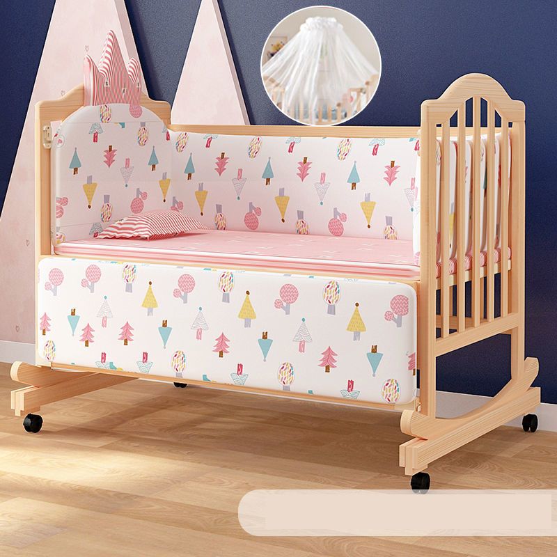 Solid Wood  Baby Crib Convertible Nursery Bed with Casters and Guardrail