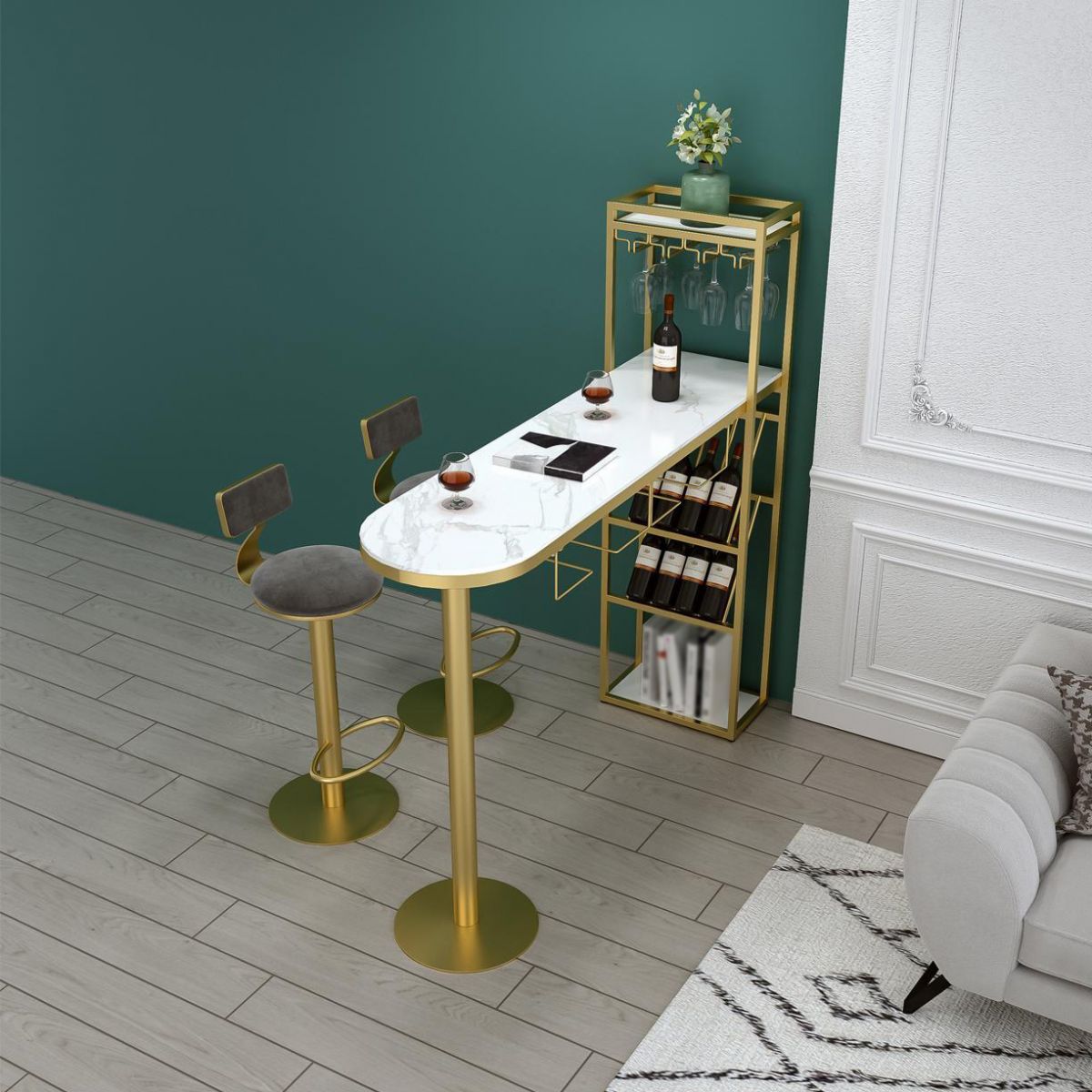 Modern Iron Bar Dining Table White Faux Marble Indoor Bistro Table with Wine Rack