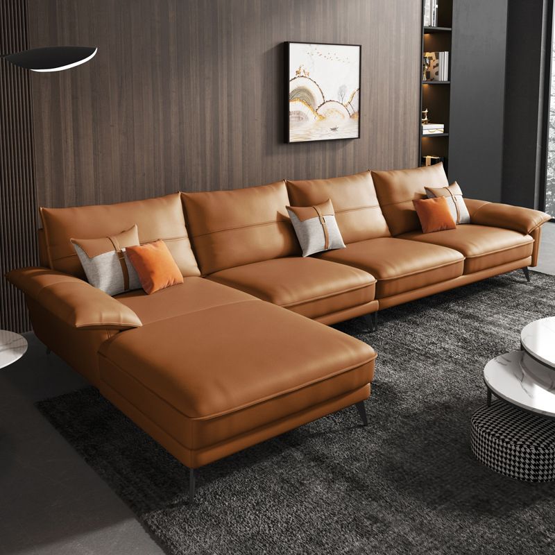 Brown Genuine Leather Sectional Sofa Set Pillow Top Arm Sectionals Couch with Pillows