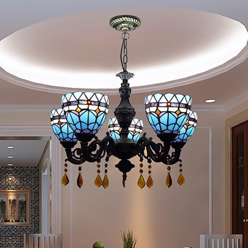 Tiffany Style Chandelier 5 Lights Stained Glass Hanging Light for Living Room