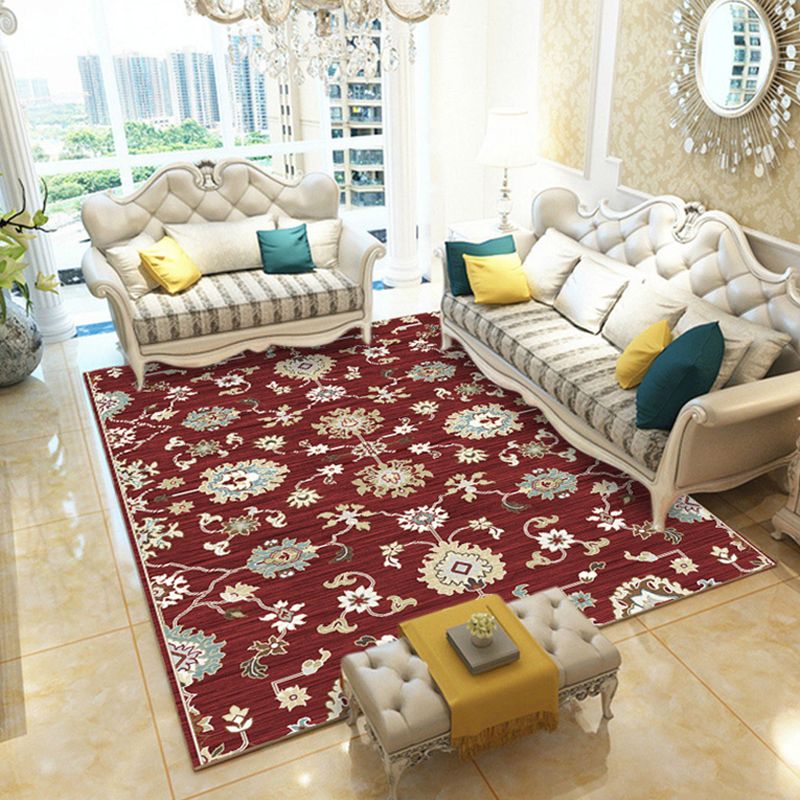 Multicolored Parlour Rug Retro Flower Pattern Carpet Polyester Pet Friendly Washable Non-Slip Backing Area Rug