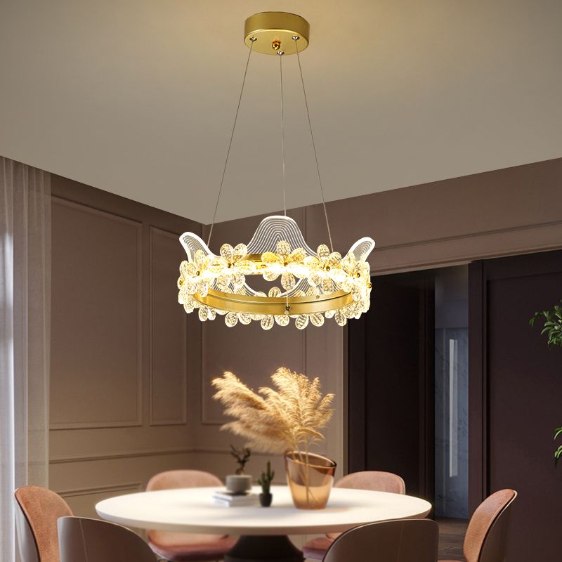 Contemporary Crown Shape Pendant Chandelier Crystal 1-Light Pendant Lighting in Gold