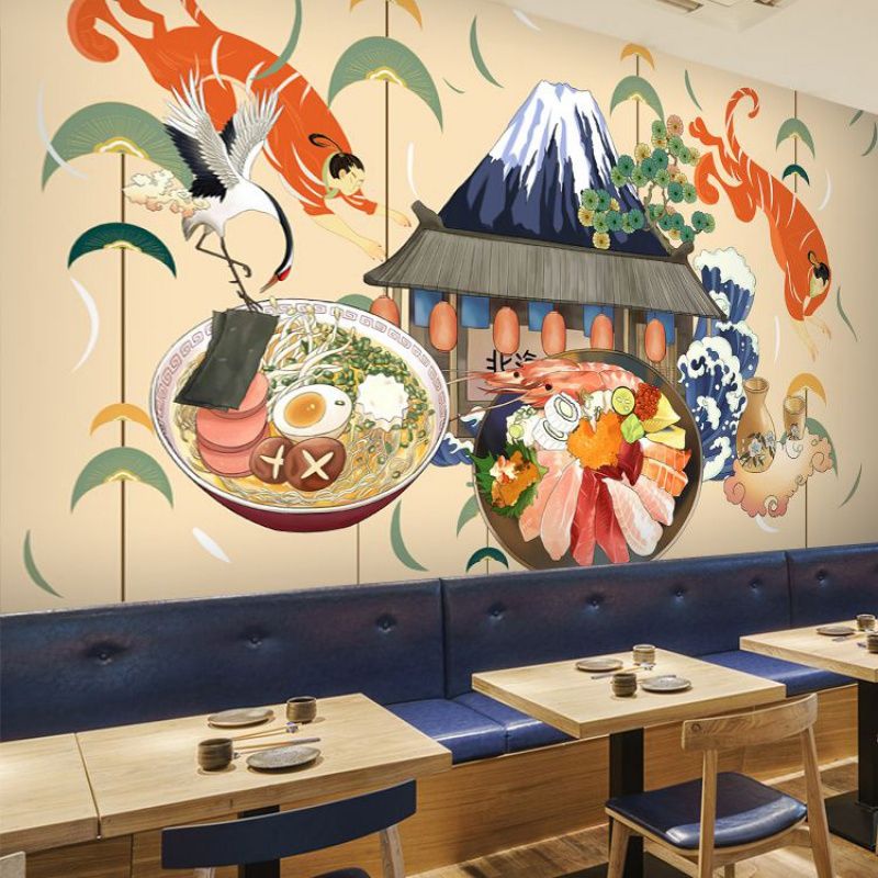 Giant Illustration Sushi Wall Art for Japanese Restaurant in Beige, Made to Measure