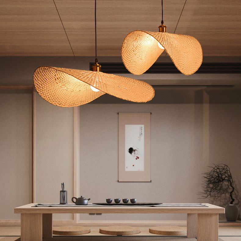 Beige Straw Hat Shape Hanging Lamp Kit Asian 1-Light Bamboo Ceiling Pendant Light for Dining Table