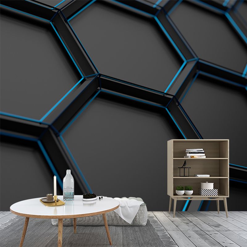 Black Honeycomb Metal Wallpaper Mural 3D Stain Resistant Wall Covering for Bedroom