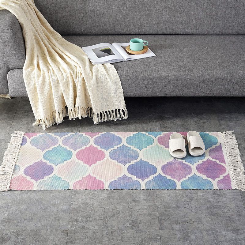 Casual Multi-Color Retro Rug Cotton Blend Geometric Print Carpet Machine Washable Easy Care Rug with Tassel for Decor