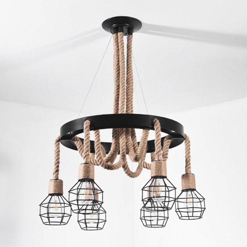 Beige Ceiling Hung Fixture Rustic Style Rope Caged Hanging Chandelier Light for Restaurant