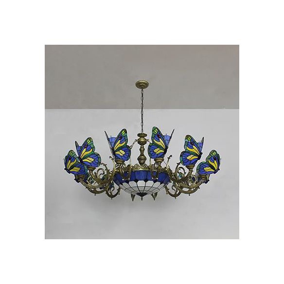 Butterfly Indoor Pendant Light Stained Glass Tiffany Chandelier Lamp in Dark Blue/Sky Blue/Beige/Blue for Hallway