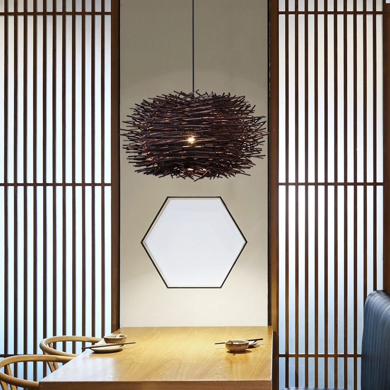 Bird's Nest Hanging Light Kit 1-Light Bamboo Asia Pendant Light for Dining Room