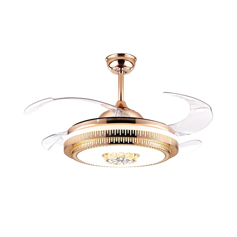 Gouden LED Round Semi Mount Lighting Modernistische metallic 4-blade hangerse ventilatorverlichting, 19 "breedte