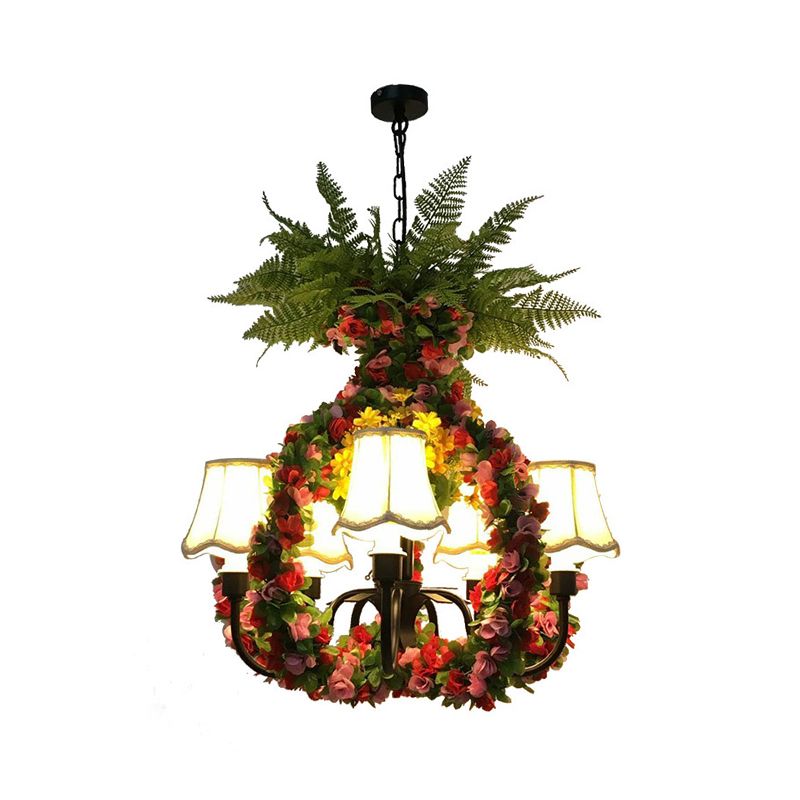 5 Lights Chandelier Lighting Fixture Industrial Flower Fabric LED Hanging Lamp in Black