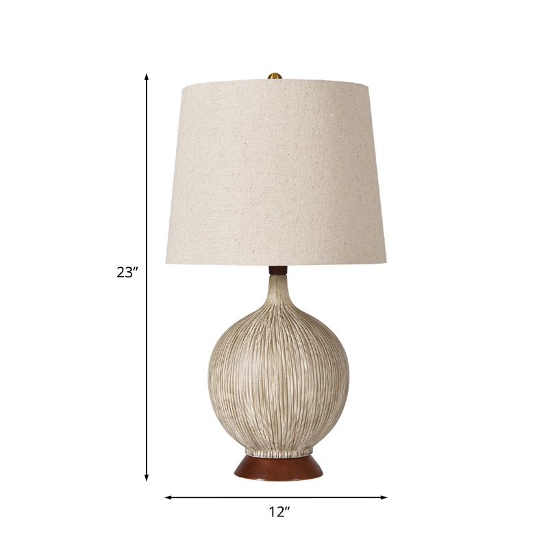 Flaxen Globe Night Lamp Rural Style Ceramic 1 Head Bedroom Nightstand Light with Drum Fabric Shade