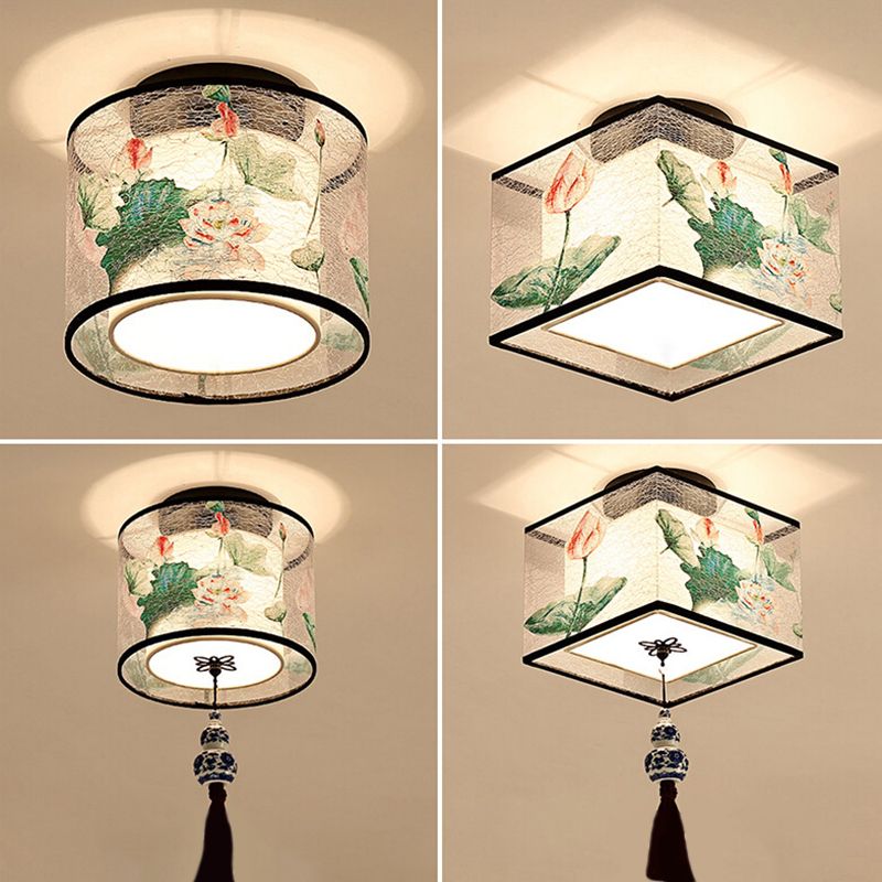 1-Light Geometric Ceiling Light in Traditional Artistic Style Fabrics Semi Flush Mount for Corridor