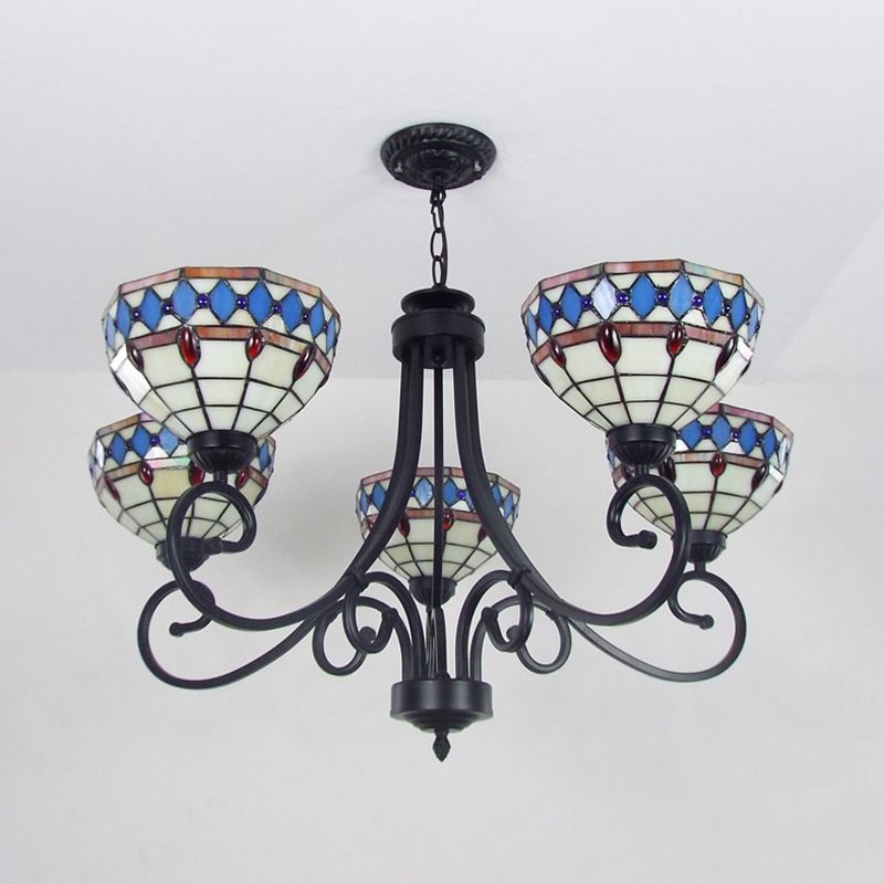 Colorful Glass Bowl Chandelier with Hanging Chain 5 Lights Baroque Pendant Light in 
Beige