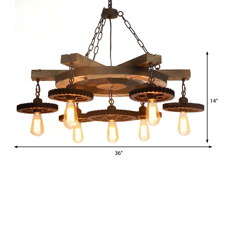 Metal Black Ceiling Chandelier Gear 3/7 Lights Industrial Down Lighting in Black with Round Wood Shelf