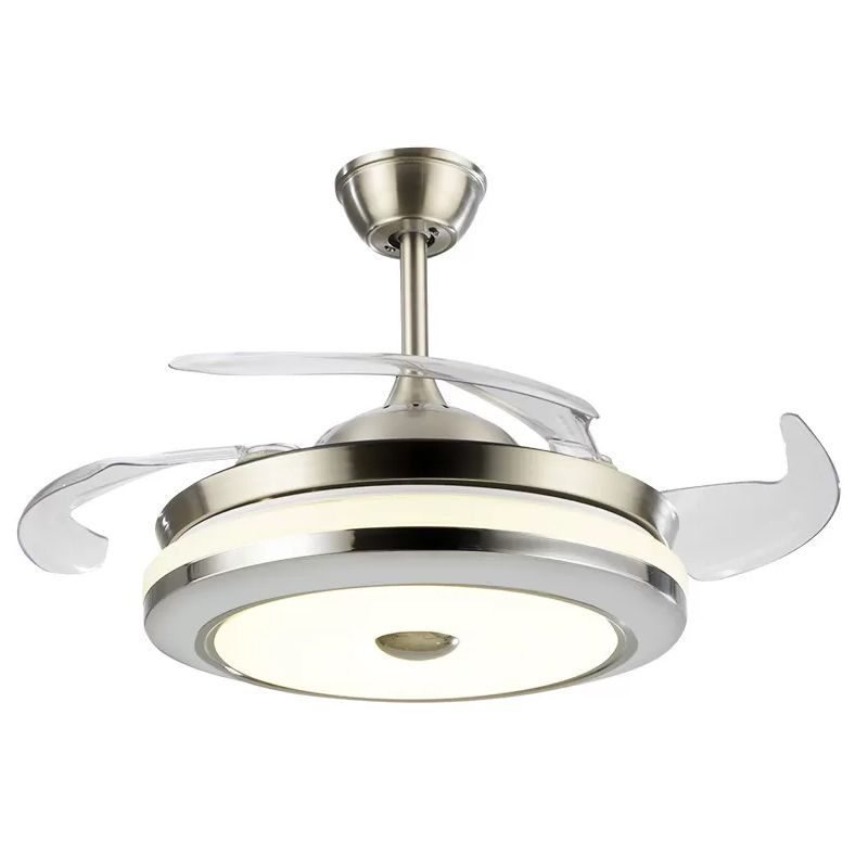 Cirkelvormige semi -spoellamp armatuur eenvoudig 19 "brede led -slaapkamer plafondventilatorlamp in zilver, 4 messen