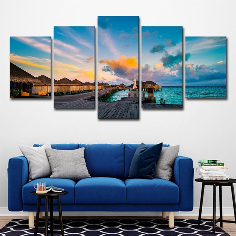 Maldives Sunset View Wall Art Multi-Piece Tropics Hotel Canvas Print in Blue