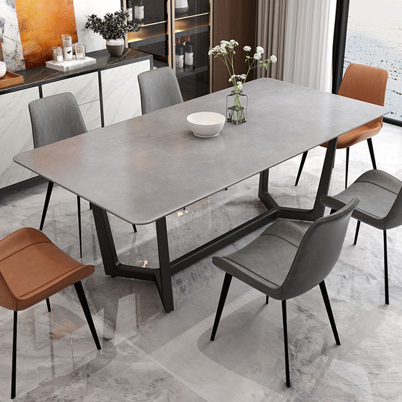 Contemporary Slate Rectangle Dining Furniture Double Pedestal Kitchen Set in Black Finish