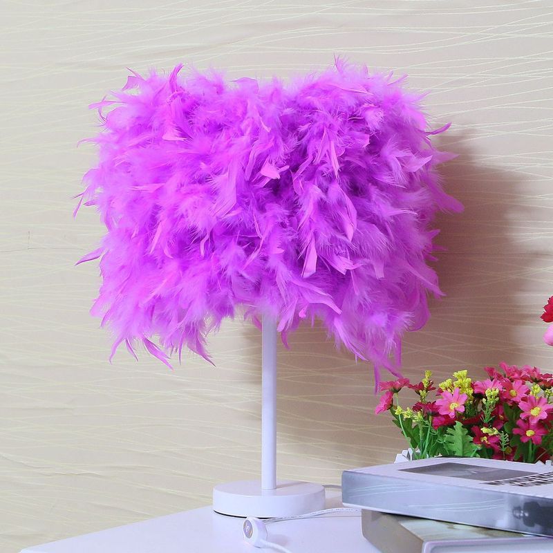 10"/14" Wide Cylinder Shaped Night Light Modern Feather 1 Head Bedside Table Lamp in Pink/White/Purple