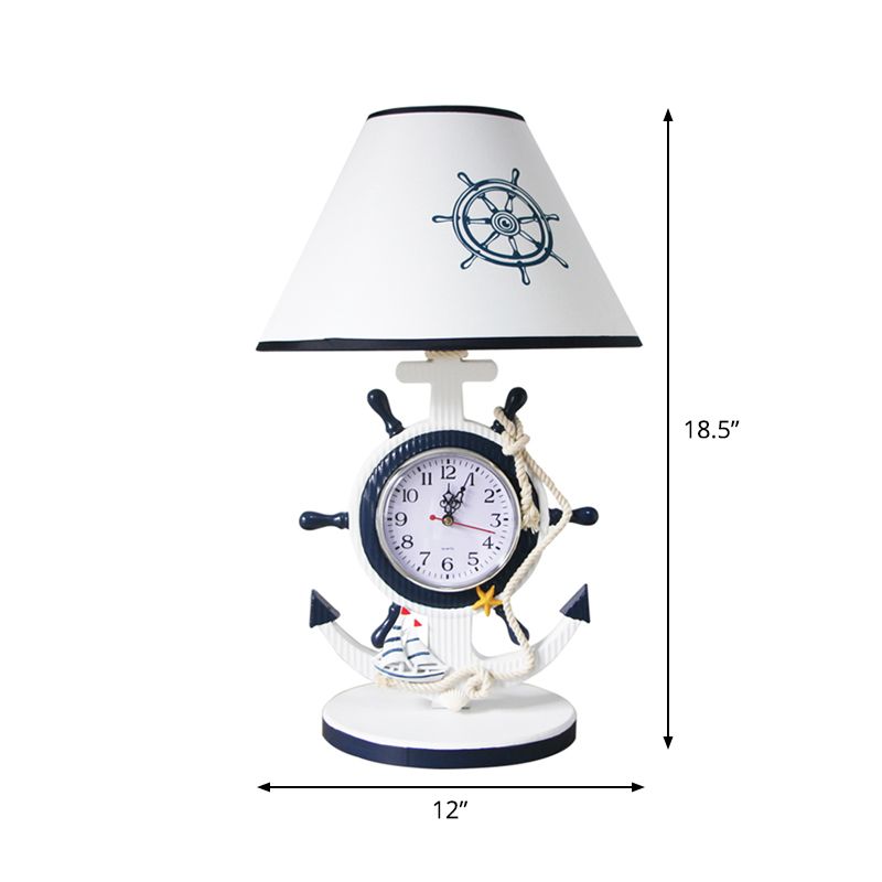 Rudder Base Table Lighting Children Style Resin Single Bulb Blue Shaded Night Stand Lamp with Clock Design