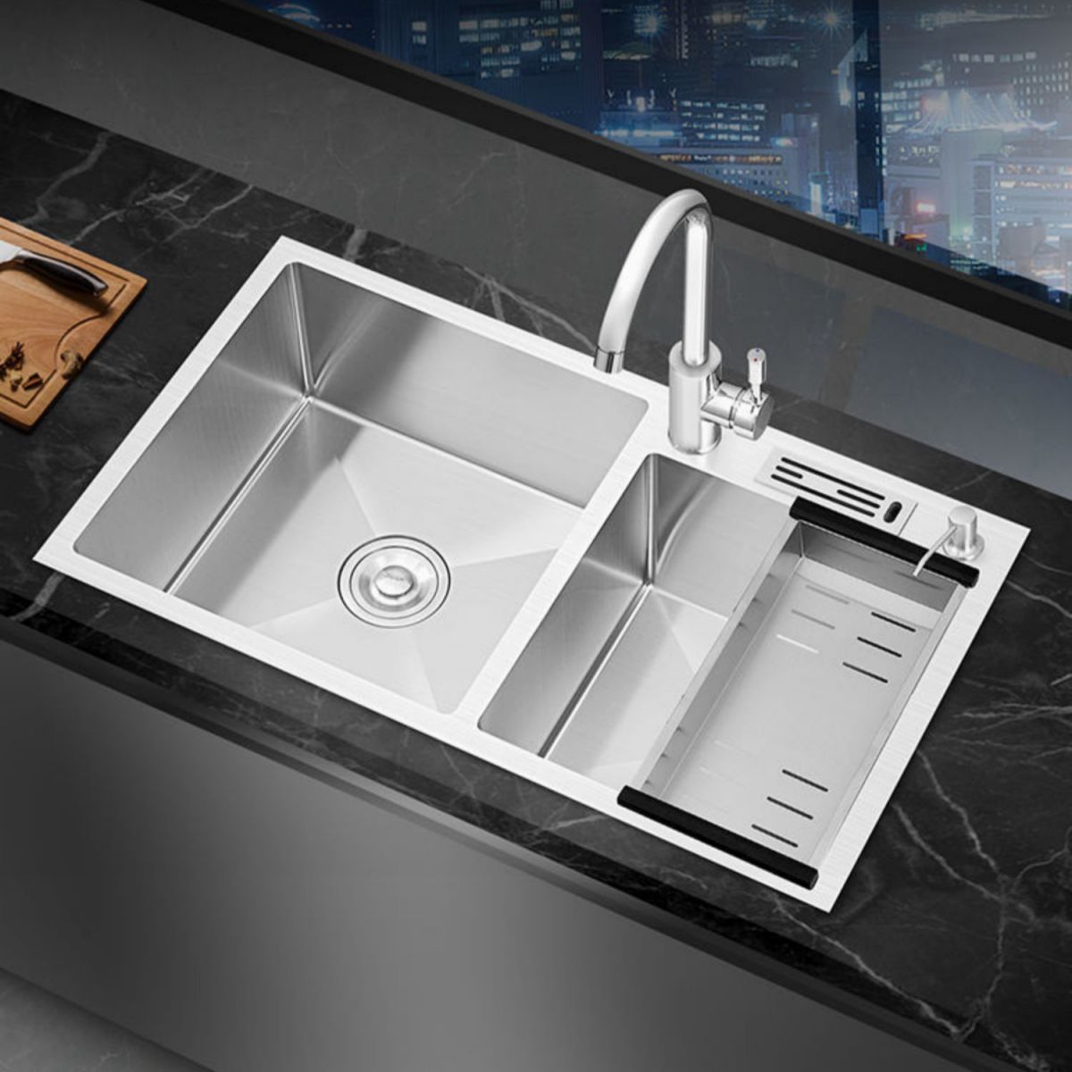 Contemporary Style Kitchen Sink Stainless Steel 2 Holes Kitchen Double Sink