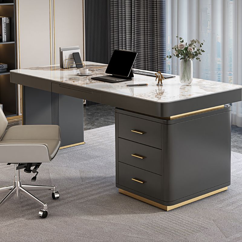 Dark Taupe Writing Desk Drawers Storage Glam Office Desk with Built in Outlets