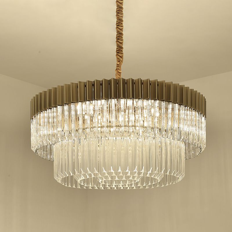 Brass 2 Tiers Chandelier Pendant Light Modernism 6 Heads Crystal Hanging Lamp for Living Room