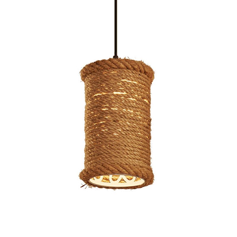 Brown Cylinder Ceiling Pendant Light Farm Style Rope 1 Head Dining Room Metal Hanging Lighting