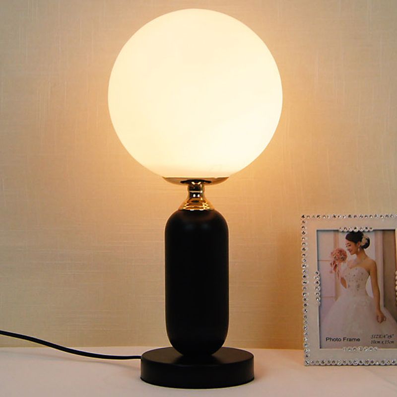 1 Bulb Study Table Lamp Modern Black Reading Book Light with Round White Glass Shade