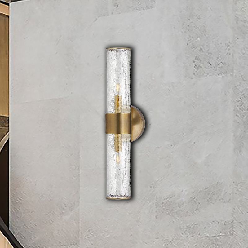 Staircase Sconce Light Fixture with Clear Tube Glass Lampshade Minimalist 2 Lights Wall Mounted Lamp in Brass