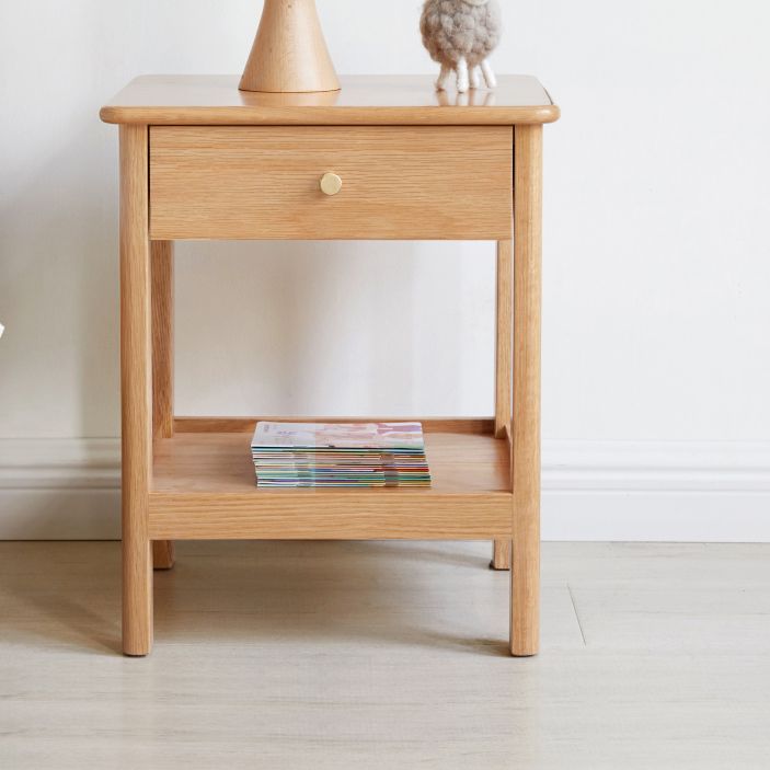 Oak and Beech Nightstand Storage Bedside Table for Nursery with Shelves