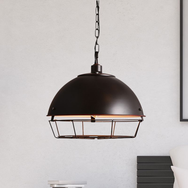 Iron Dome Hanging Lamp Farmhouse 1 Bulb Dining Room Pendant Lighting in Black/Rust/Silver with Cage